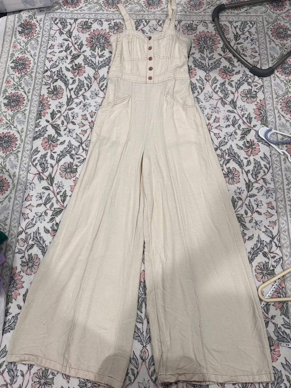 Japna Oatmeal Linen Blend Wide Leg Palazzo Jumpsuit S